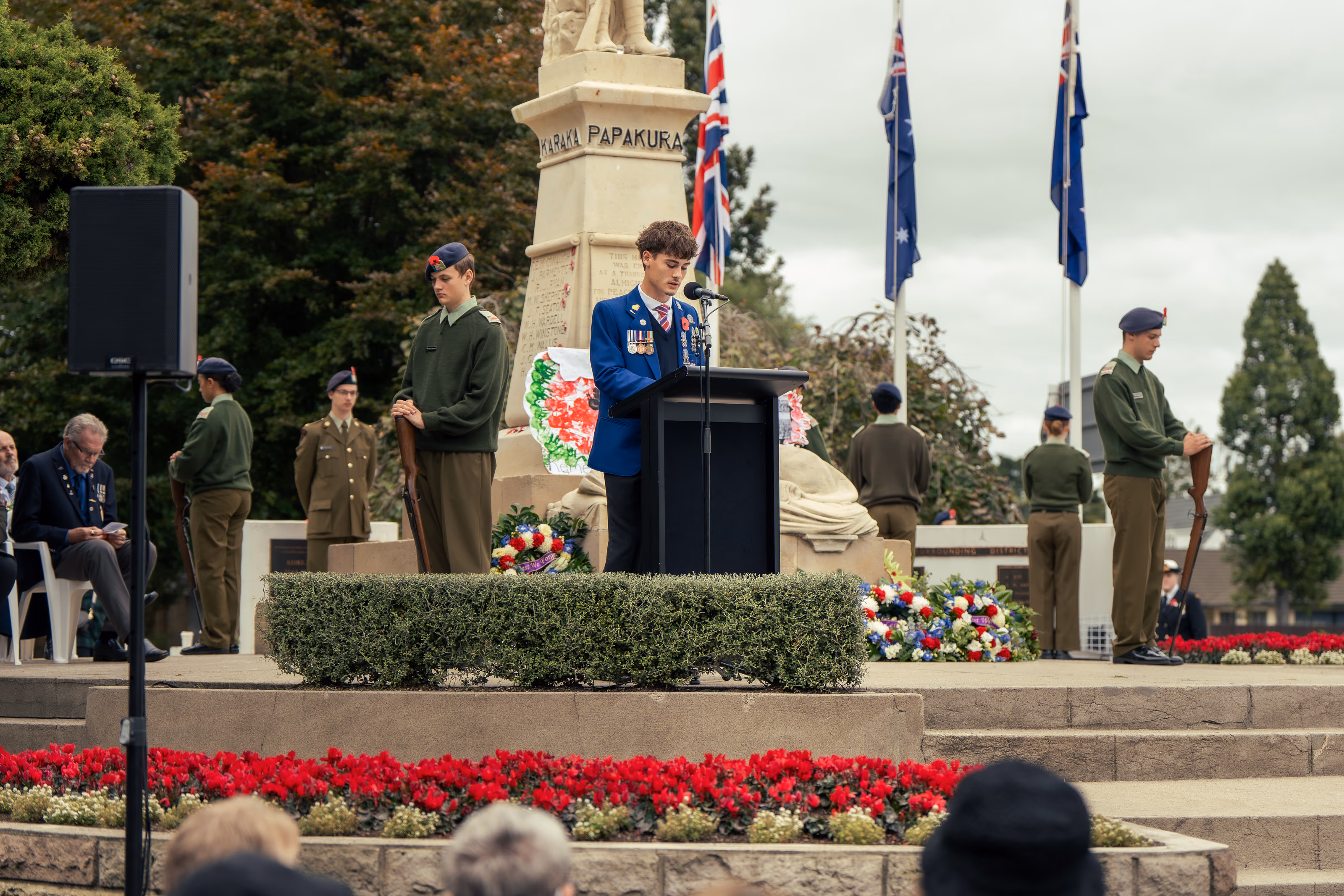 Rosehill College student leaders at an Anzac Day service at the Papakura cenotaph