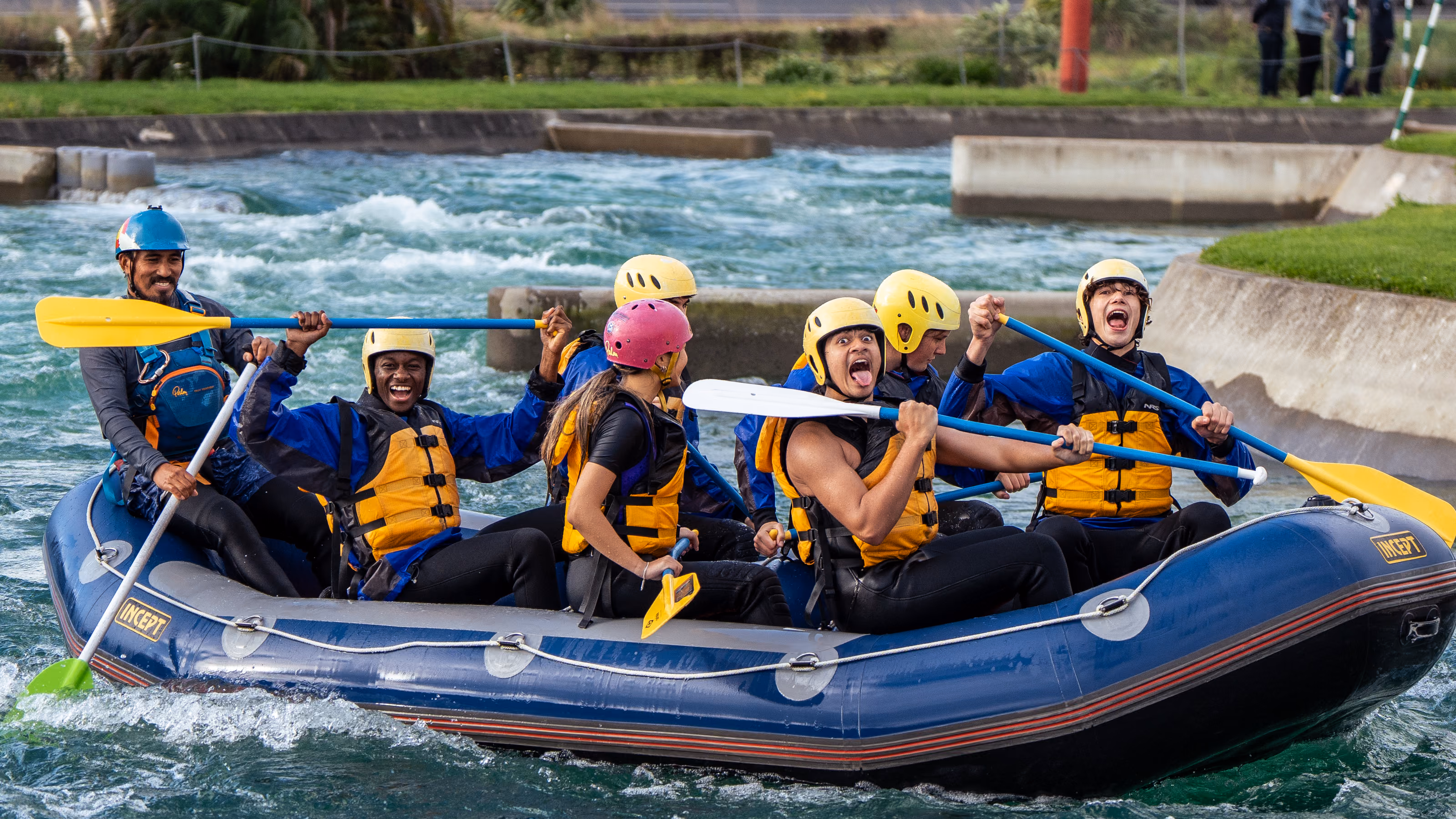 Rosehill College students white-water rafting on a school trip